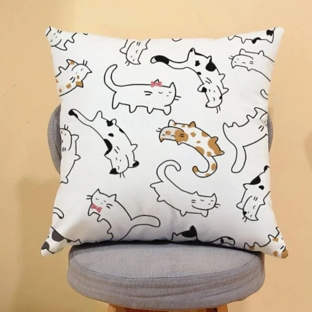 Pillow Cover Cat Print Zip Close Large Square White Tan Black Multicolor 17.7 in